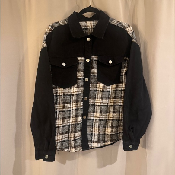Source Unknown Black and White Plaid Jean Jacket - Picture 1 of 5